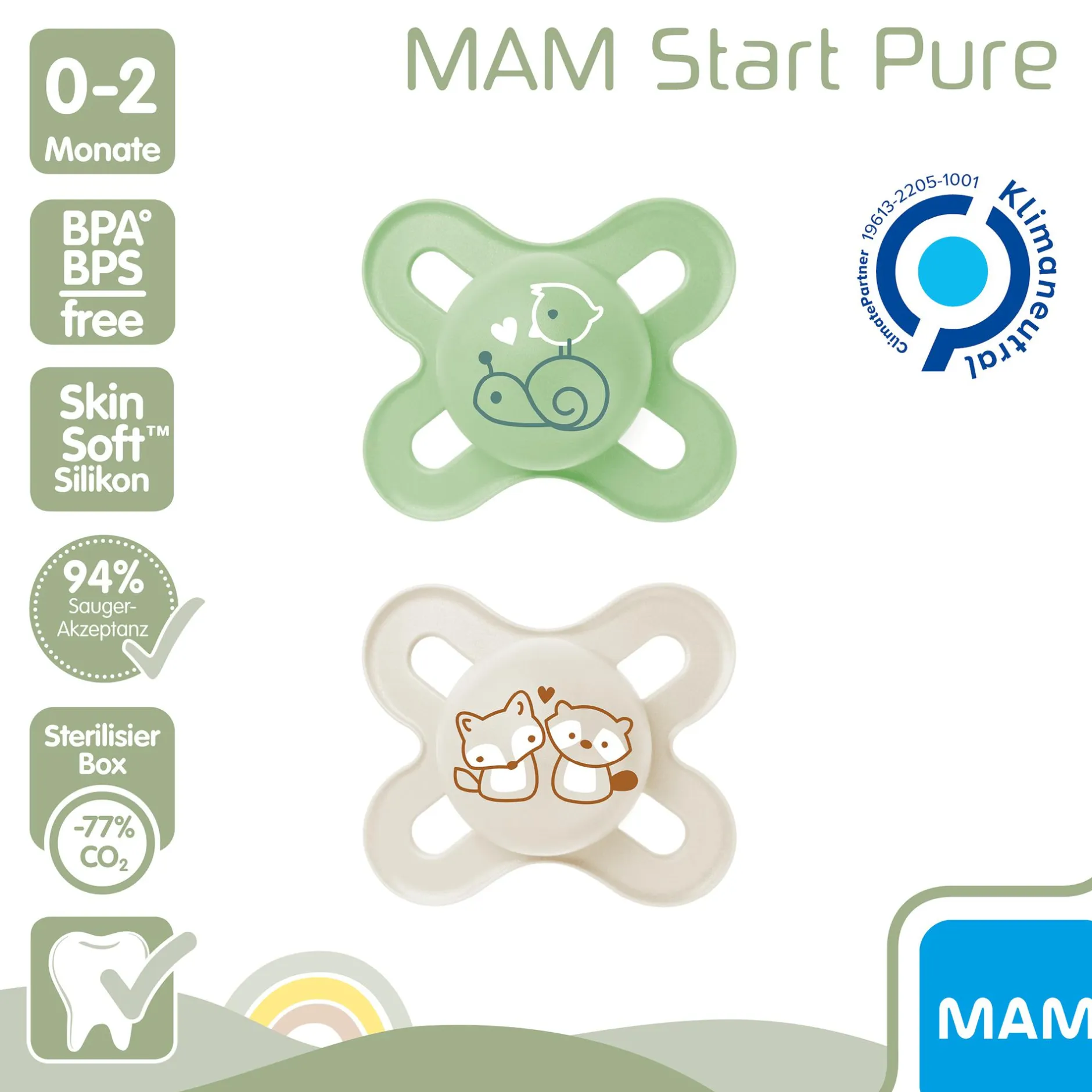 MAM Beruhigungssauger Original Start Silikon 0-2 Monate 2 Stück Schnecke/Fuchs* Schnuller