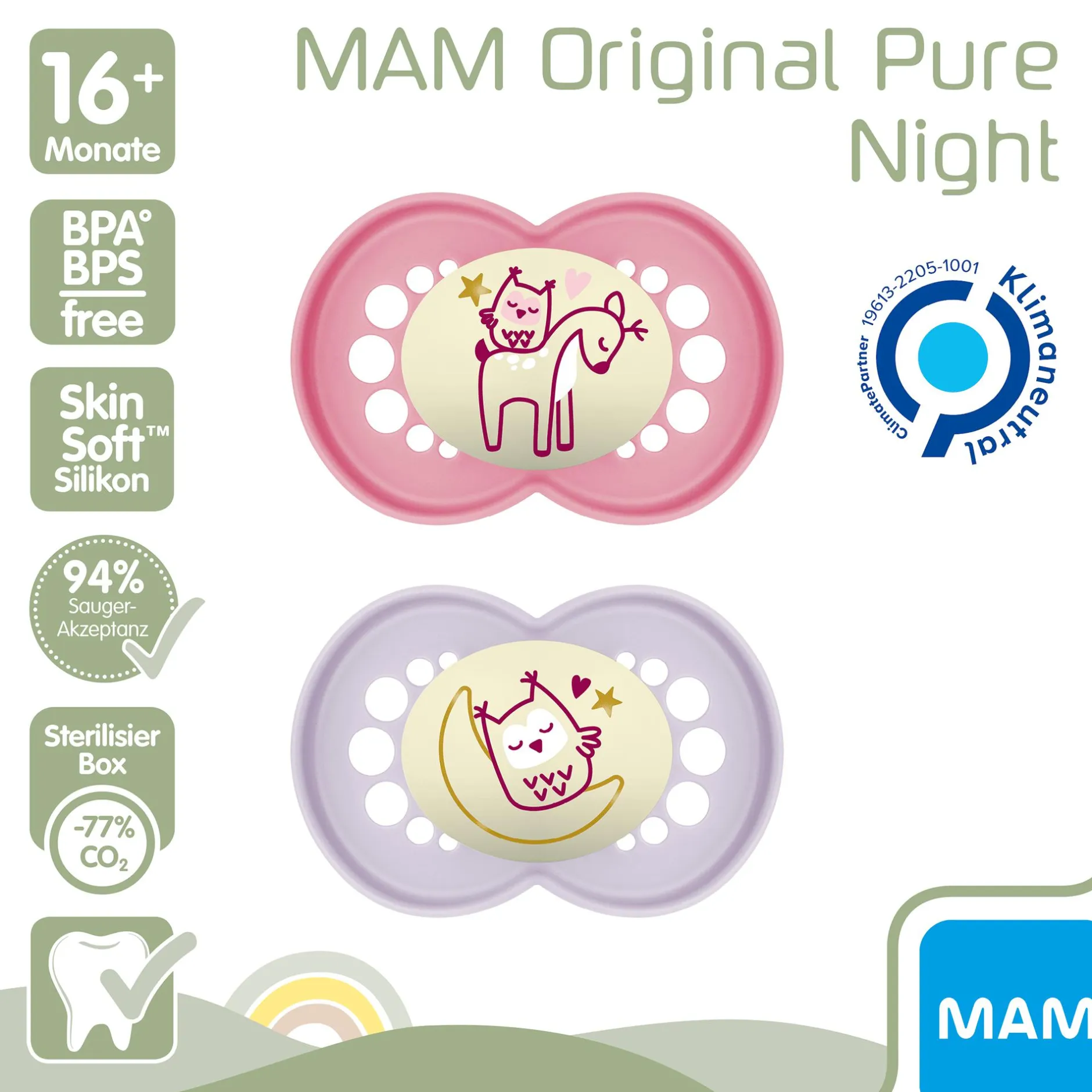 MAM Beruhigungssauger Original Night Silikon 16+ Monate 2 Stück Reh/Eule* Schnuller
