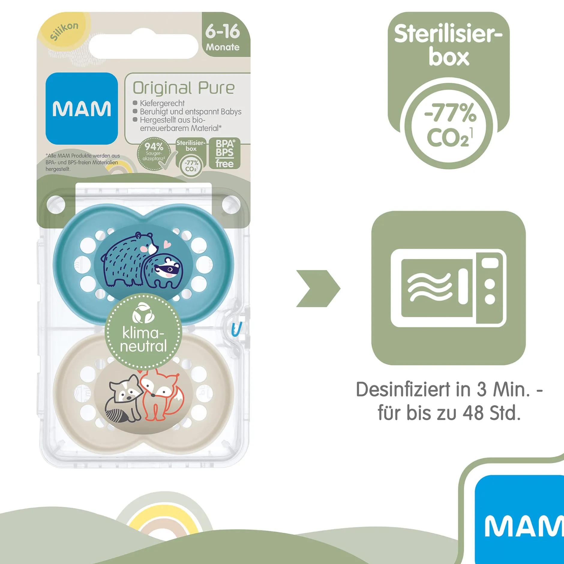 MAM Beruhigungssauger Original matt Silikon 6-16 Monate 2 Stück Bär/Fuchs* Schnuller