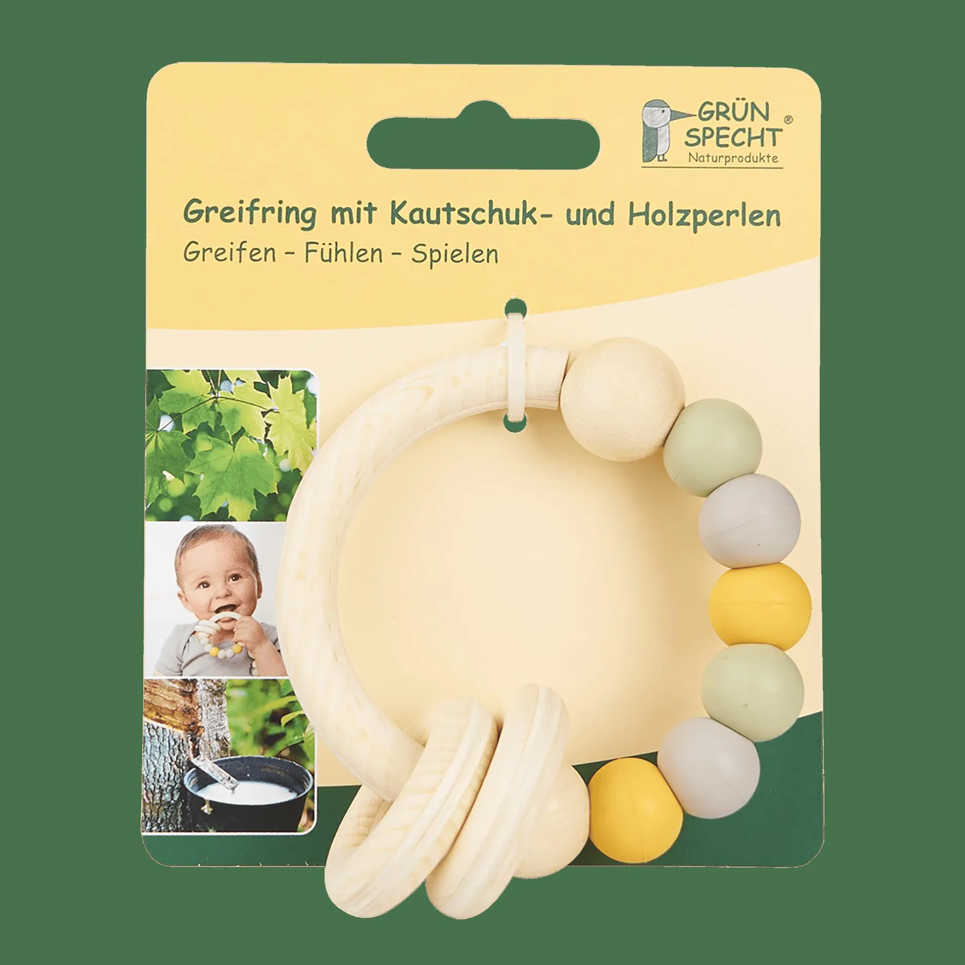 GRu00dcNSPECHT Greifring mit Kautschuk- und Holzperlen* Rasseln & Greiflinge