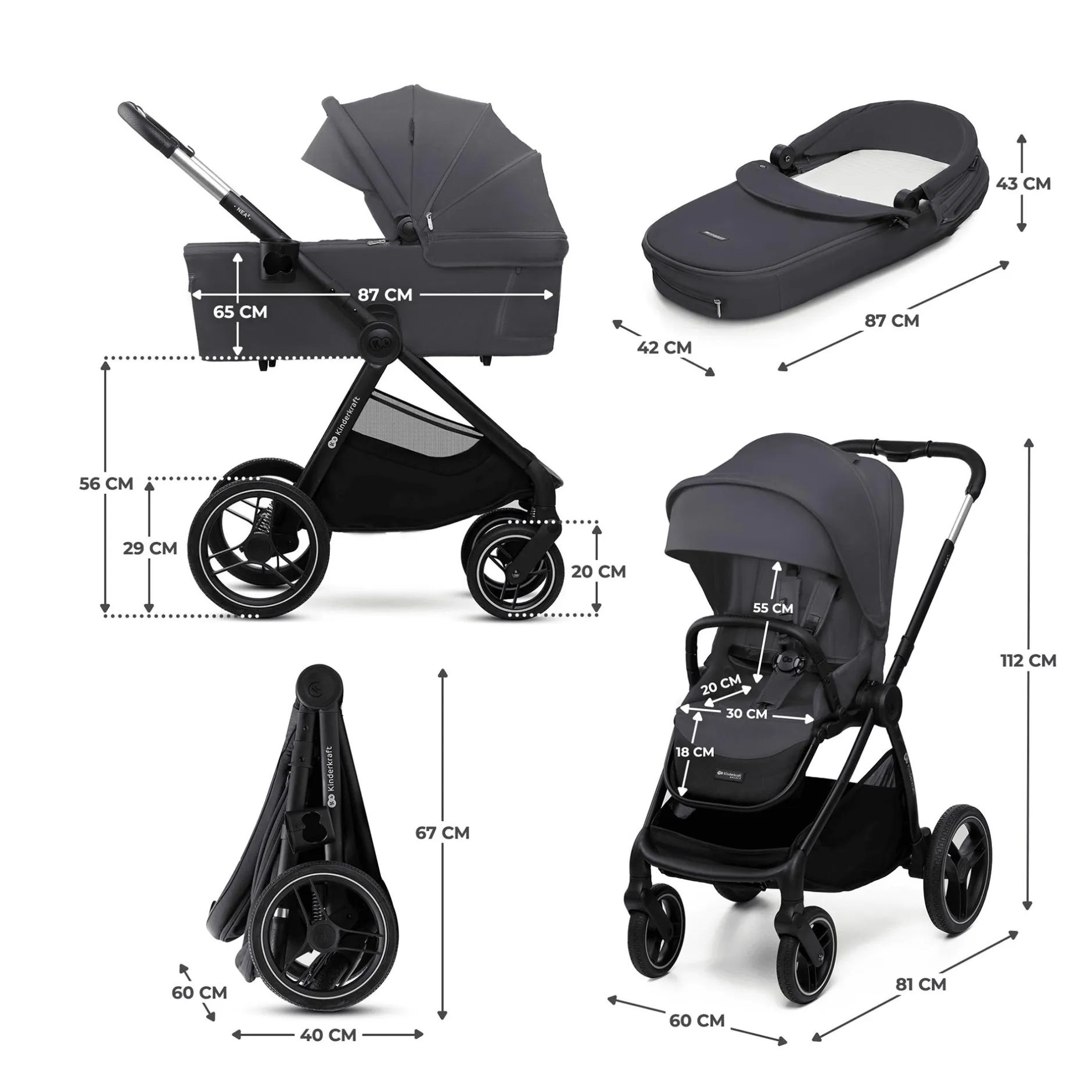 Kinderkraft NEA 2.0 Deep Grey*Kinder Kombi-Kinderwagen