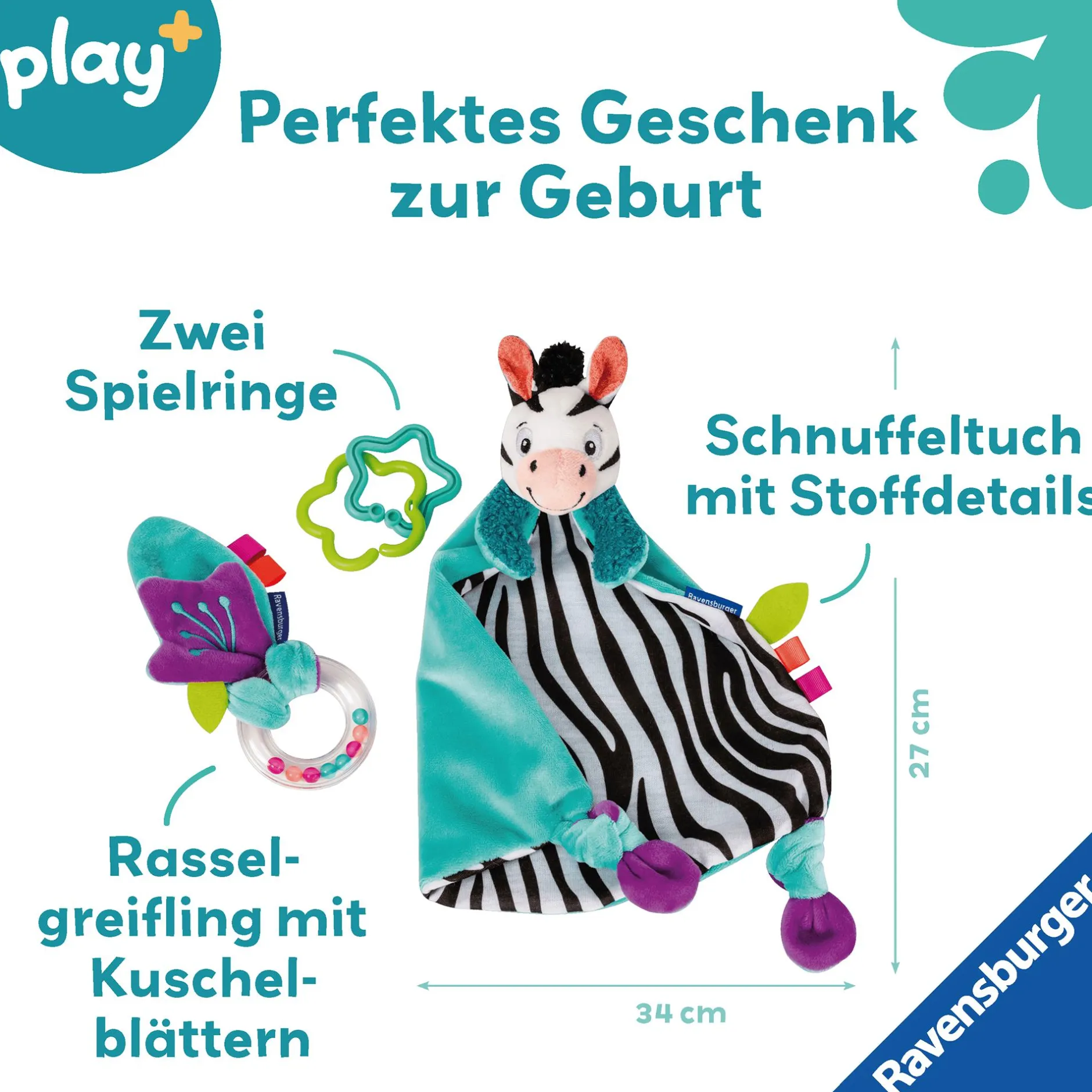 Ravensburger Play+ Geschenkset Zebra* Schmusetücher|Rasseln & Greiflinge