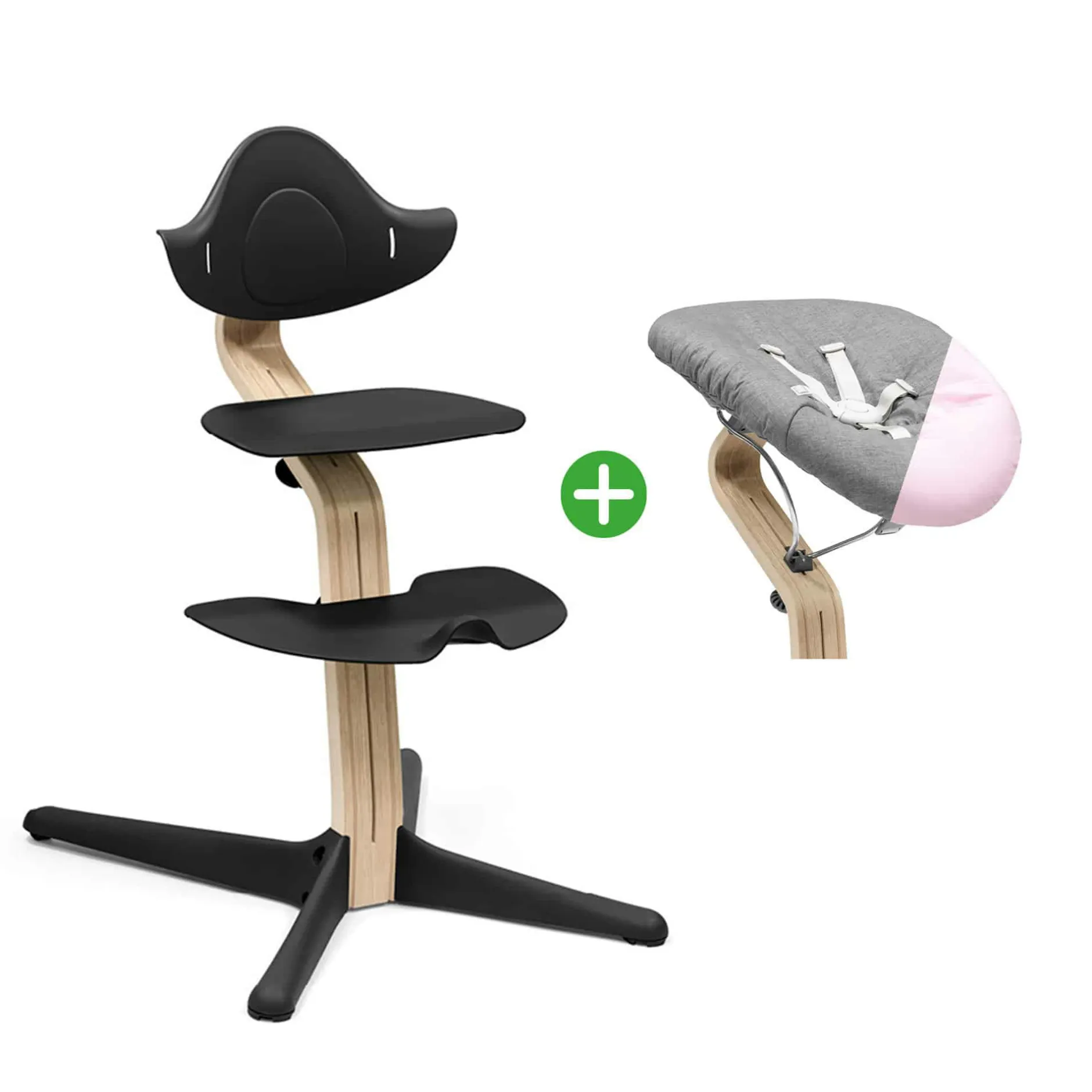 STOKKE Set Nomi® Hochstuhl Buche Natural Black mit Newborn Set Black Grey/Pink* Treppenhochstühle