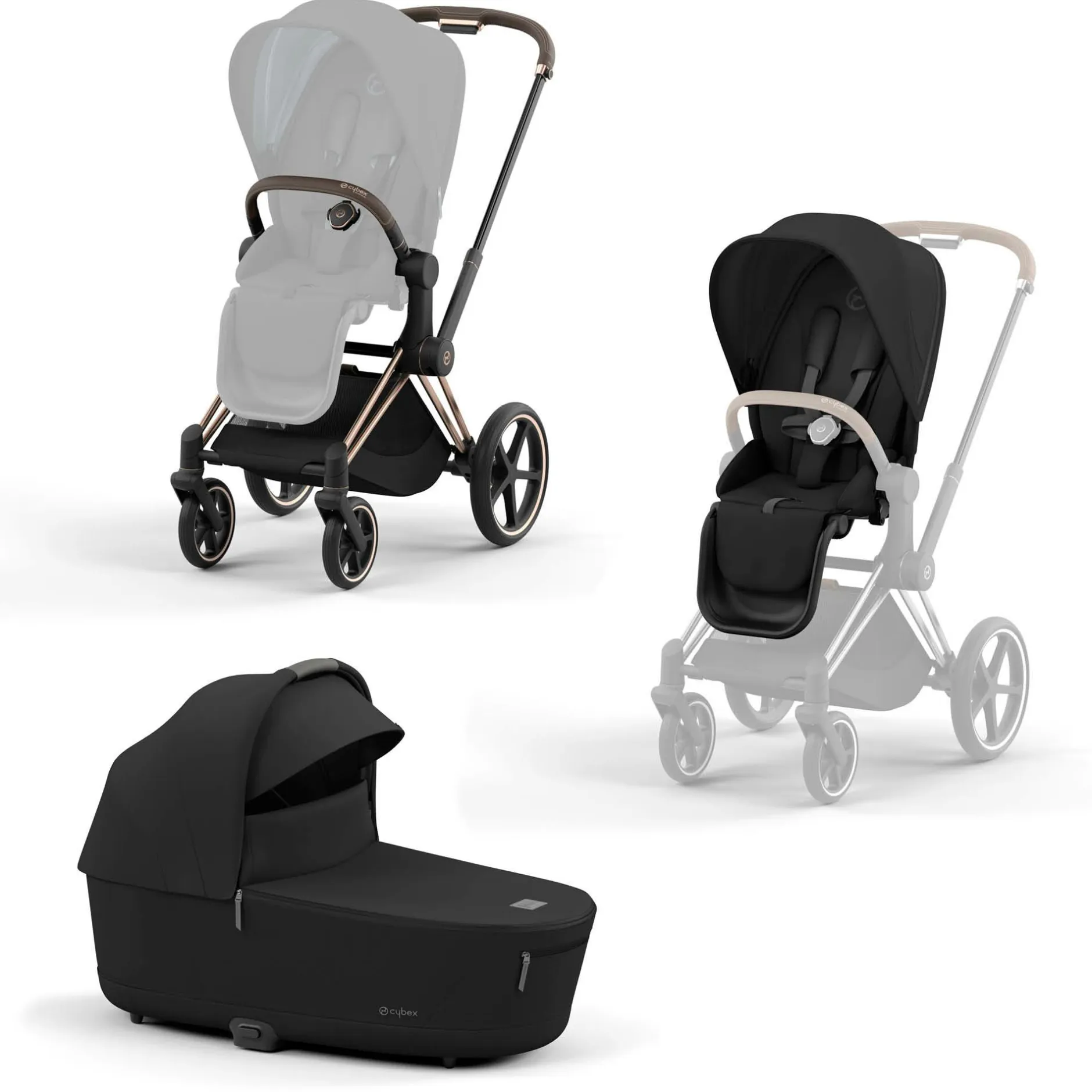 cybex PLATINUM Set Priam Rahmen Rosegold mit Wanne Lux und Sitzpaket Sepia Black*Kinder Kombi-Kinderwagen|Kinderwagen Zubehör