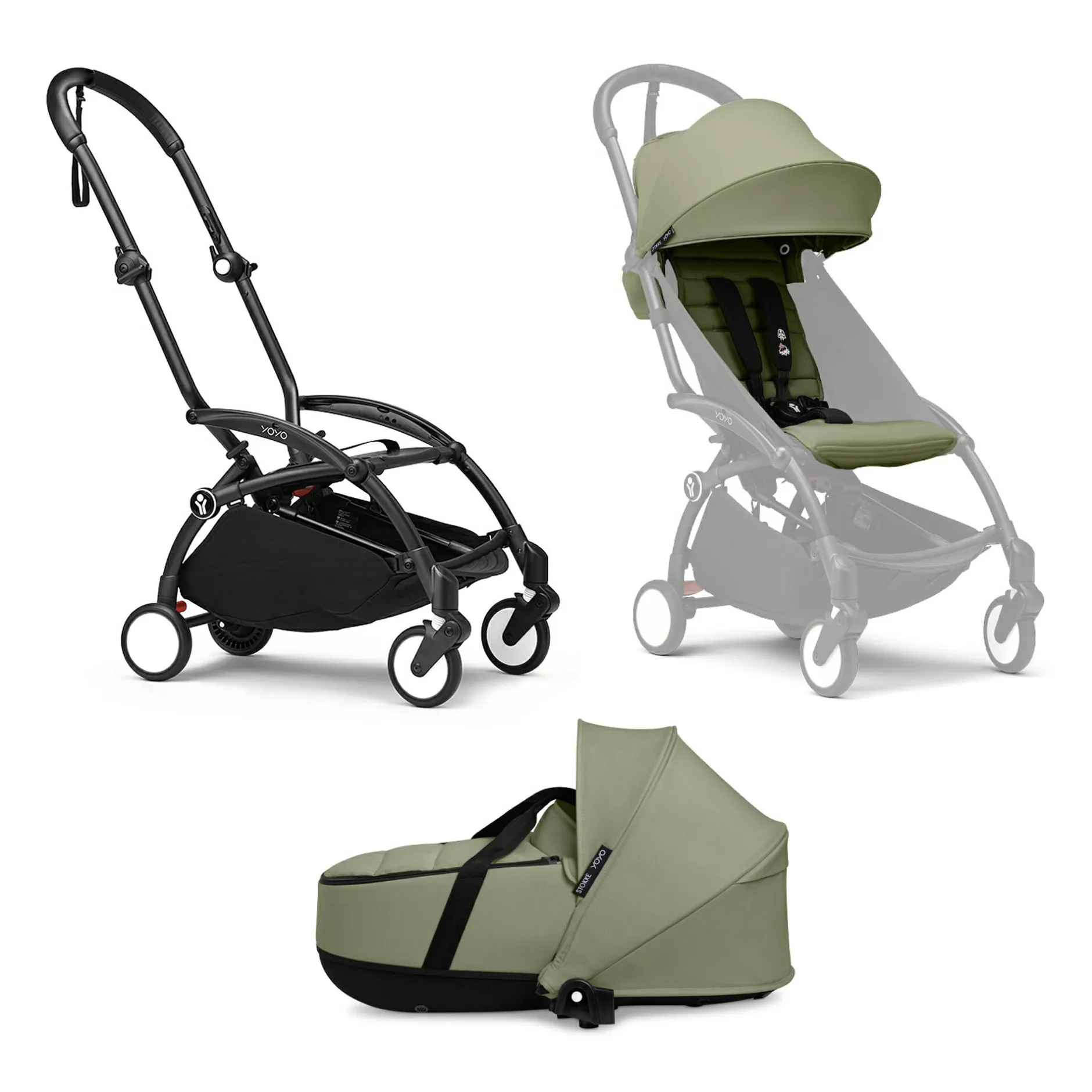 STOKKE Set YOYO³ Gestell Black mit 0+ Liegewanne und 6+ Textilset Olive*Kinder Kombi-Kinderwagen
