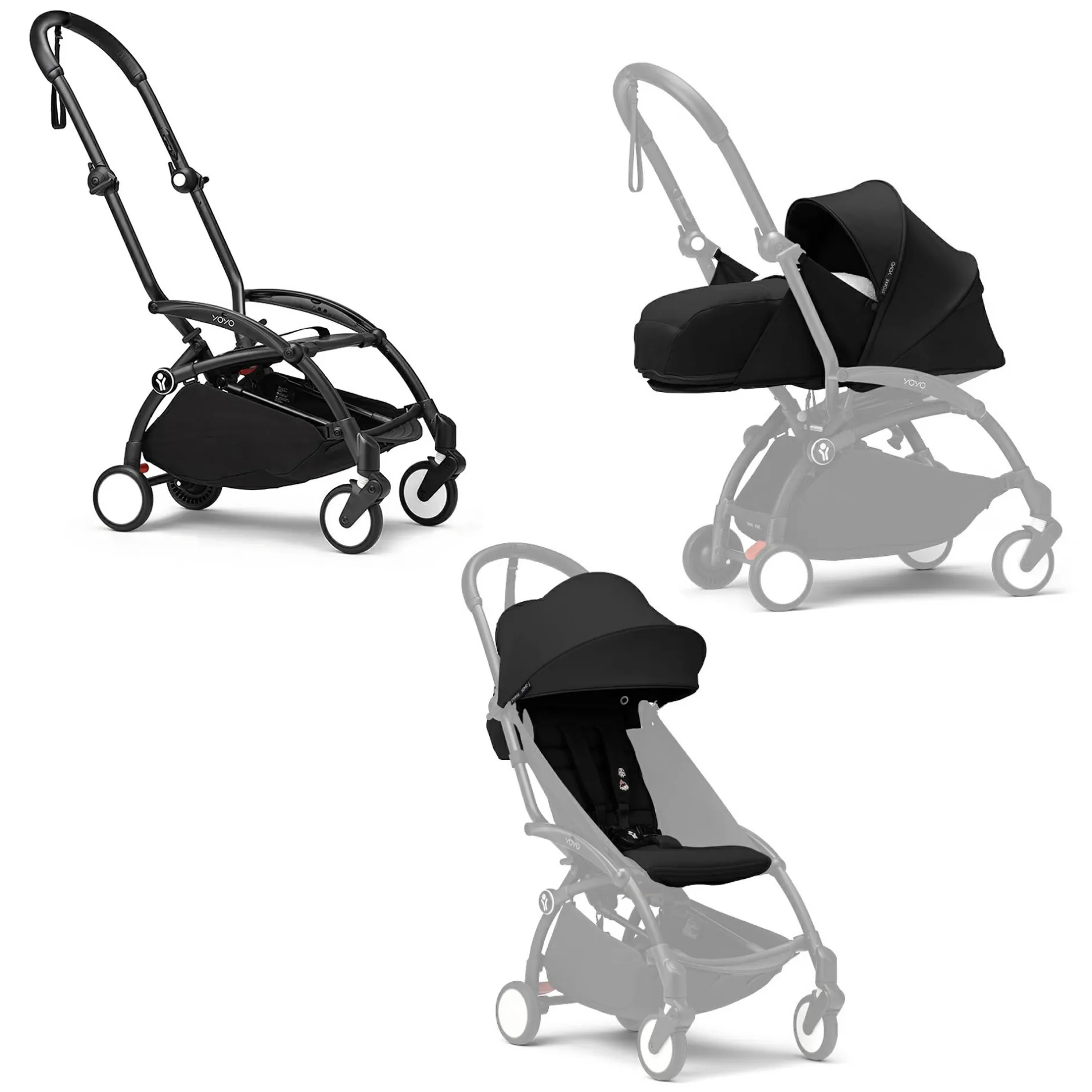 STOKKE Set YOYO³ Gestell Black mit 0+ Neugeborenen-Set und 6+ Farbpaket Black*Kinder Kombi-Kinderwagen